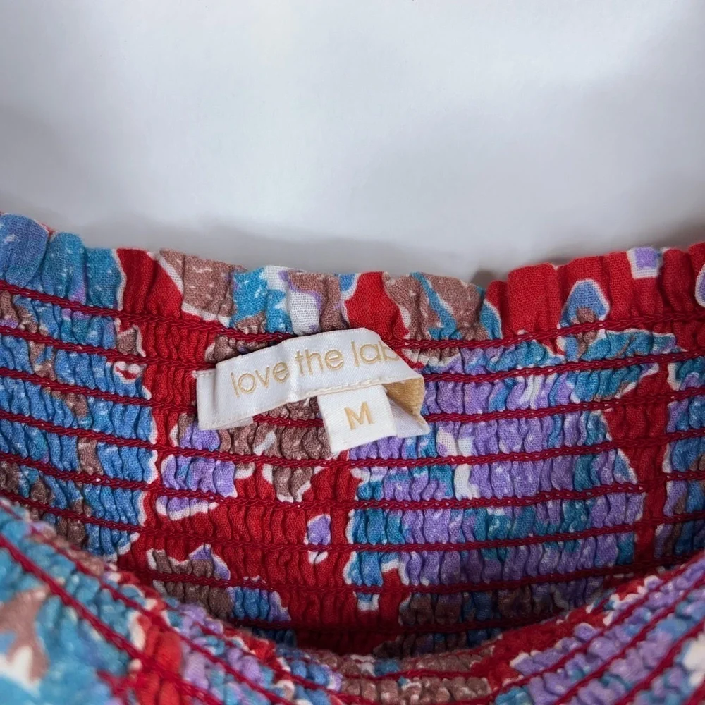Love the Label Red Blue Floral Midi Dress Square Neck Smocked Tiered Cotton - Picture 7 of 11